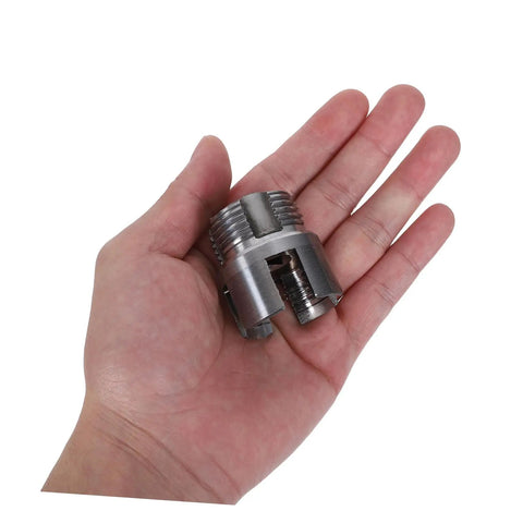 Close-up of a steel internal thread cutter from the Heavy Duty 3 Pc Pipe Threader Tool Kit For Electric Drill in hand.
