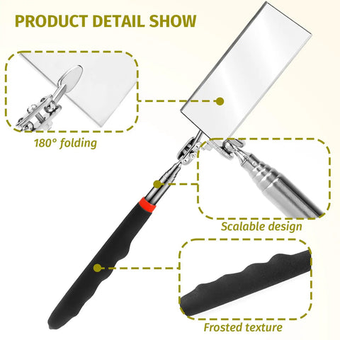 Telescoping Rectangular Inspection Mirror With 360 Degree Rotation For Mechanics, Extendable Long Reach Tool, 30.71 Inch Handle