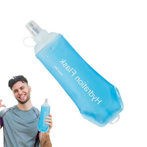 Man holding Foldable 500ml Hydration Bottle For Running And Trail Training, Flexible Soft Flask for outdoor fitness in cyan blue