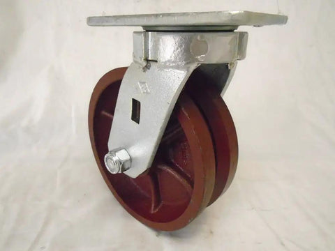 Heavy Duty 6 By 2 Inch Swivel Casters Kingpinless 7/8 V Groove Ductile Steel Wheels set with red steel wheel and mounting plate.