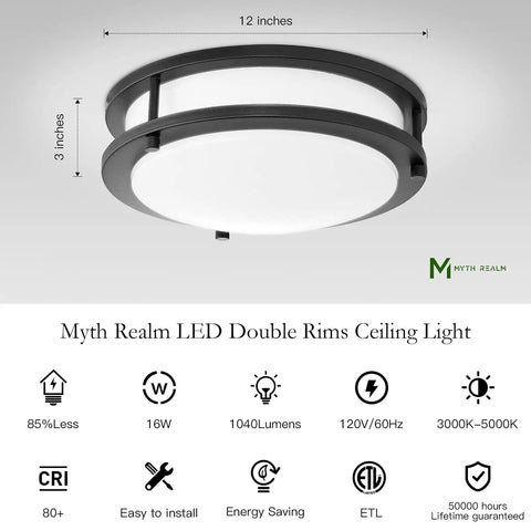 12 Inch LED Ceiling Light Fixture Dimmable 20W Flush Mount With Three Color Temperatures 3000K 4000K 5000K Black ETL Listed