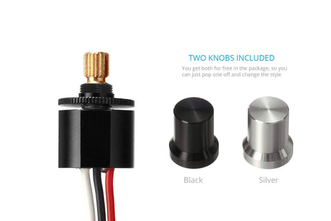 Compact LED Dimmer Knob With Rotary Control for 12-24V LEDs, showing black and silver knob options included