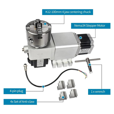 Heavy Duty CNC Rotary Axis Fourth And Fifth Index Head With Harmonic 50 To 1 Drive Nema 34 Stepper Motor showing K12-100mm 4 jaw chuck and components.