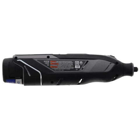 Certified Renewed 12 Volt Cordless Rotary Tool Kit featuring variable speed with ergonomic grip and safety instructions on handle.