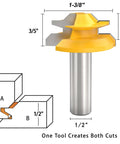 Premium Built Tough 45 Degree Lock Miter Router Bit Set With Half Inch Shank, showcasing a yellow miter bit design with dimensions.