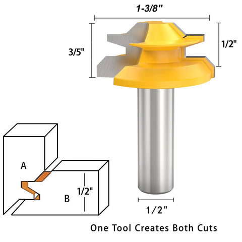 Premium Built Tough 45 Degree Lock Miter Router Bit Set With Half Inch Shank, showcasing a yellow miter bit design with dimensions.