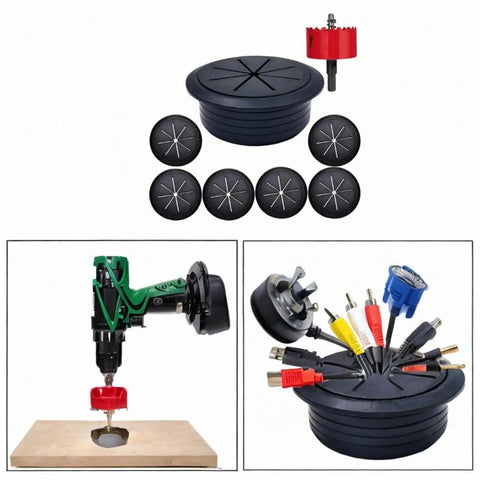 Black TV Cord Hider Kit With 2-38 Inch Cable Concealer And Grommet For Conference Tables, Easy Wire Tidy Setup shown with hole cutter and cables