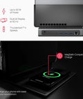 Dead Simple Vertical Thunderbolt 4 MacBook Docking Station Driving Two 4K Displays At 60Hz With Twelve Rock Solid Ports And Hella Fast 96 Watt Charging Plus Magsafe showing ports and wireless charging for devices.