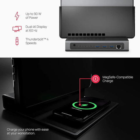Dead Simple Vertical Thunderbolt 4 MacBook Docking Station Driving Two 4K Displays At 60Hz With Twelve Rock Solid Ports And Hella Fast 96 Watt Charging Plus Magsafe showing ports and wireless charging for devices.