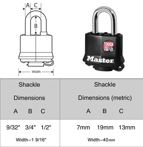 Diagram and photo of Six Keyed Alike Padlocks With Thermoplastic Coating, Weatherproof Lock Set With 12 Keys, Model 311KA-6, dimensions shown