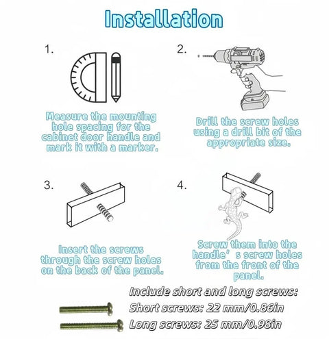 Installation guide for Gecko Knob Set Of 4 Dope Animal Drawer Knobs With Single Hole Pulls. Includes drilling and screwing steps.