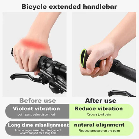 Hands demonstrating before and after effects of Long Ergonomic Bike Handlebar Ends No Slip Grips Bar Extender For 21.8mm To 22.8mm Handlebars Pair