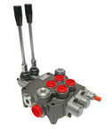 Front view of a gray hydraulic directional control valve with two long levers and red port caps.