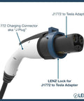 Trail Tested J1772 To Tesla Charging Adapter Lock on J1772 connector, showing heavy duty design and secure fit for EV use.