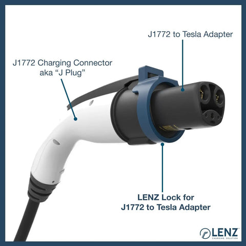 Trail Tested J1772 To Tesla Charging Adapter Lock on J1772 connector, showing heavy duty design and secure fit for EV use.
