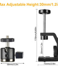 Heavy Duty Super Clamp Mount Workhorse With Mini Ball Head And 1/4 Inch Screw Hot Shoe Adapter, dimensions shown, black.
