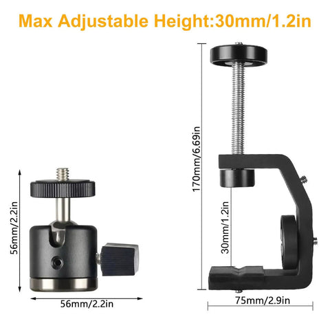 Heavy Duty Super Clamp Mount Workhorse With Mini Ball Head And 1/4 Inch Screw Hot Shoe Adapter, dimensions shown, black.