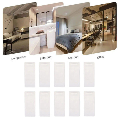 Clear Flexible Door Stop Wedges With Adhesive Backing 10 Pack shown in living room, bathroom, bedroom, and office settings