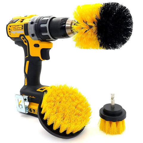 Three Piece Auto Detailing Drill Brush Set With Wheel Cleaner Brush and Car Wash Brush Kit with three yellow brushes