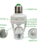 PIR Motion Sensor Light Socket E26 E27 Smart Lamp Holder Adapter Motion Activated Auto On Off Light Control For Garage Basement Porch Storage Room Indoor Use Only With Easy Install Adjustable Time And Lux Settings white plastic