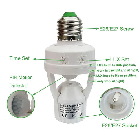 PIR Motion Sensor Light Socket E26 E27 Smart Lamp Holder Adapter Motion Activated Auto On Off Light Control For Garage Basement Porch Storage Room Indoor Use Only With Easy Install Adjustable Time And Lux Settings white plastic