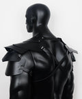 Back view of men's medieval harness armor set with adjustable PU leather shoulder pauldrons and chest harness for cosplay.