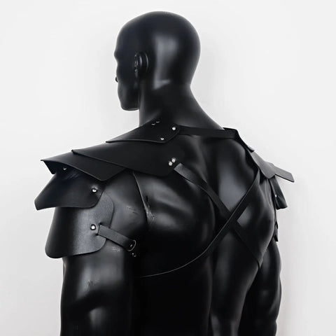 Back view of men's medieval harness armor set with adjustable PU leather shoulder pauldrons and chest harness for cosplay.