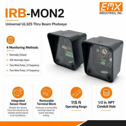 UL325 Thru-Beam Photoeye Kit For Gates And Doors With 5 To 115 Ft Range IP65 Detachable Transmitter And Receiver Four Monitoring Interfaces Including NC 10K Two-Frequency And Three-Frequency Pulse, front view