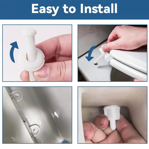 Universal White Toilet Seat Screw Replacement Kit With Heavy Duty Plastic Bolts Hinge Nut Washer Set shown being installed easily.