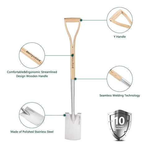 Heavy Duty 41 Inch Stainless Steel Border Spade With D Grip Handle For Garden Digging And Transplanting, seamless welding
