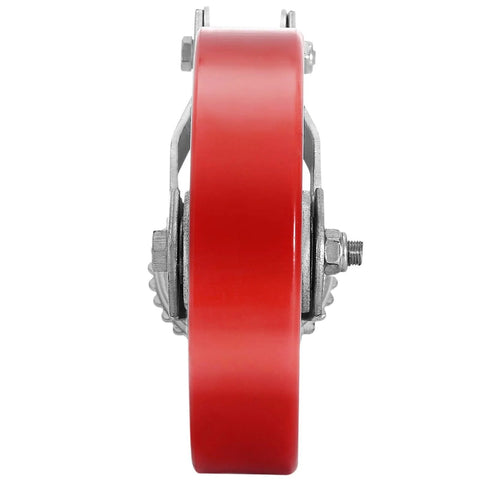 Side view of Heavy Duty 8 Inch Scaffolding Casters Set, featuring red polyurethane wheel, locking stem brake, steel frame.