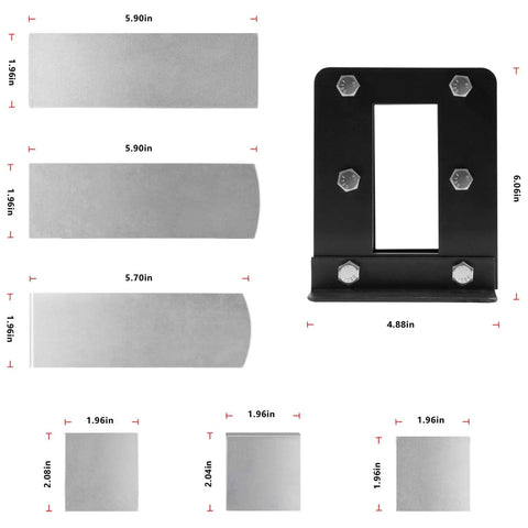 Beginner Blacksmith Guillotine Tool Kit With Seven Pieces And Three Die Sets Including Flat Fullering And Blank Dies Five Inch Stock Opening Bench Mount Or Vise Ready Great For Hobby Metal Shaping And Basic Die Work showing die set dimensions.