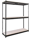 Hella Sturdy 24X48X84 Inch Black Double Rivet Boltless Shelving Rack With Particle Board Decks, three shelves view.