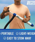Man holding a Portable Handheld Bilge Pump With 39 Inch Hose for boats, kayaks, and dinghies, 20 GPM water siphon bailer.