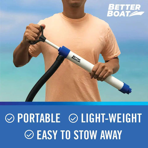 Man holding a Portable Handheld Bilge Pump With 39 Inch Hose for boats, kayaks, and dinghies, 20 GPM water siphon bailer.