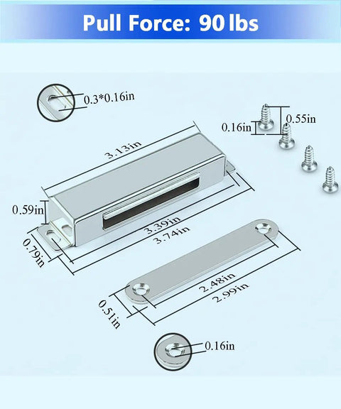 90lb Magnetic Door Catch Kit 2 Pack Heavy Duty Stainless Steel Cabinet Closet Wardrobe Latch For Kitchen Bathroom Drawer Closures Strong Magnet 3.7 Inch Silver shown with dimensions and screws