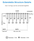 Diagram of 12 Star Multicolor Curtain Lights With 138 LEDs Eight Point Two Ft Connectable showcasing dimensions and plug setup.