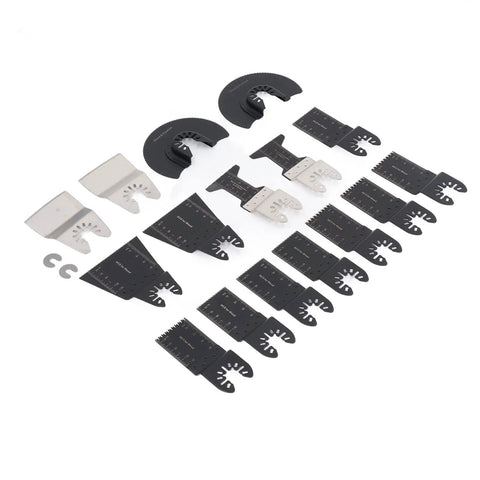 18 Piece Do It All Oscillating Multitool Blade Kit With High Carbon Steel Blades For Wood Plastic Drywall And More Featuring Flush And Plunge Cut Capabilities And Universal Fit For Most Tools arranged on surface