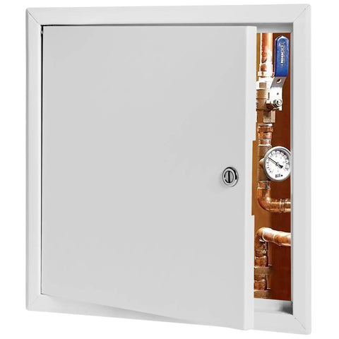 Heavy Duty Steel Flush Access Panel 24X24 With Removable Door For Plumbing And Electrical Work, door open showing plumbing access.
