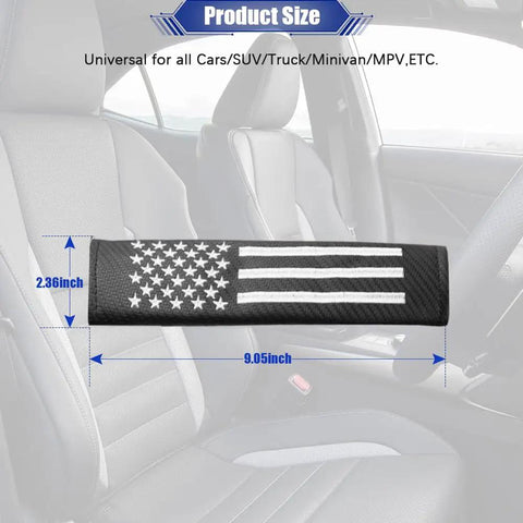 Premium Two Pack Seat Belt Shoulder Pads For Your Daily Driver Crafted From Tough Carbon Fiber Leather And Styled With A Classic USA Flag Patch 9.05 inch by 2.36 inch size in vehicle interior.