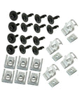 28 Piece Housing Fixation Clip Set For Sub Plate Mounting, Durable Auto Clips For Secure Engine Housing Fastening And Quick Install Replacement Kit For Automotive Use. Black and silver screw clips arranged for engine housing sub-plate mounting.