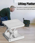 Front view of Amazon CALIDAKA lab scissor jack lifting platform with screw handle, aluminum alloy construction.