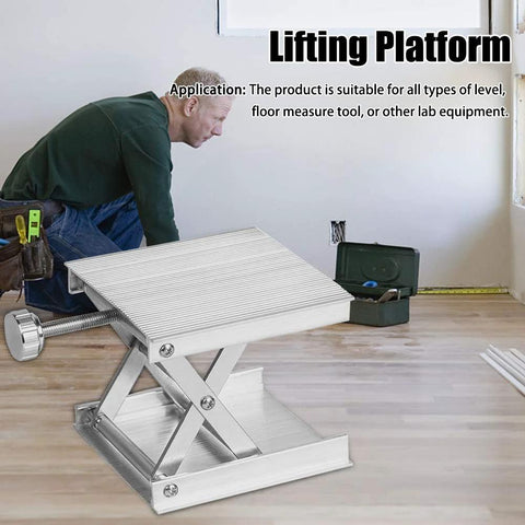 Front view of Amazon CALIDAKA lab scissor jack lifting platform with screw handle, aluminum alloy construction.