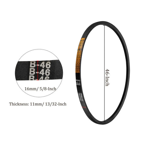 46 Inch Pitch Wrapped B Section V Belt For Heavy-Duty Industrial Power Drives And Transmission Use, 5/8 Inch Wide By 13/32 Inch Thick, Oil And Heat Resistant Synthetic Rubber Wrapped Drive Belt showing B-46 size markings