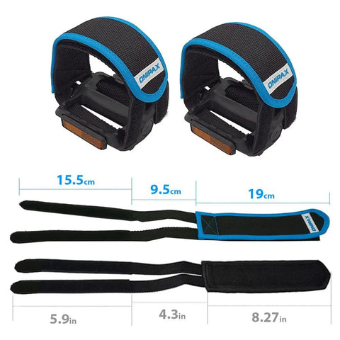 Outdoor Bike Pedal Straps With Adjustable Toe Clips For Fixed Gear BMX And MTB, 2 pack, black and blue with dimensions shown