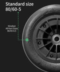 Close-up of a 80/60-5 front wheel for Segway Ninebot GoKart Kit Pro and Pro2 with durable rubber treads for enhanced traction.