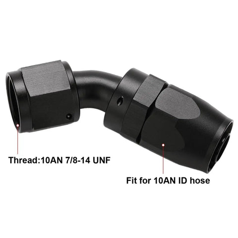 AN10 45 Degree Swivel Hose End Fitting Aluminum Black For Stainless And Nylon Braided Hose 6061-T6 Billet Aluminum Anodized 7/8-14 UNF Not For Push Lock Or PTFE Hoses Lightweight Durable Ready To Install, black 45-degree swivel hose end, 7/8-14 UNF