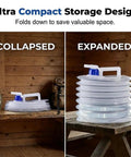 Collapsible Water Jug With Spigot For On The Go Camping And Hiking Clear Foldable Water Carrier with handle shown collapsed and expanded