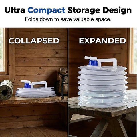 Collapsible Water Jug With Spigot For On The Go Camping And Hiking Clear Foldable Water Carrier with handle shown collapsed and expanded