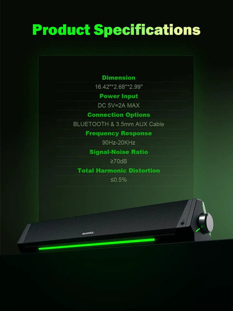 HiFi Computer Speakers For Desktop PC And Gaming Setup With Bluetooth 5.0 And 3.5mm Aux In USB C Powered Soundbar For Laptop And PC Crisp Highs And Punchy Bass Anti Magnetic Tech For Clear Immersive Audio shown with product specifications